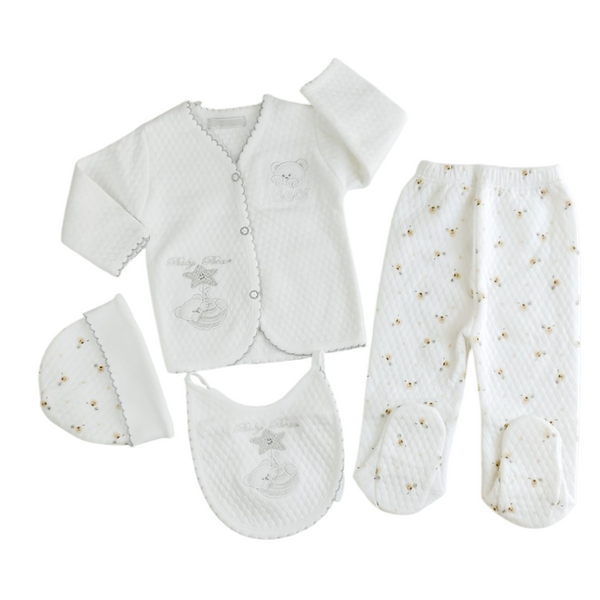 Ajuar de bebé jacquard niño blanco ribete gris